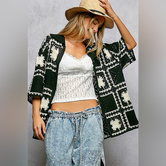 POL Tops - POL Button Down Openwork Floral Crochet Shirt with Granny Square Pattern